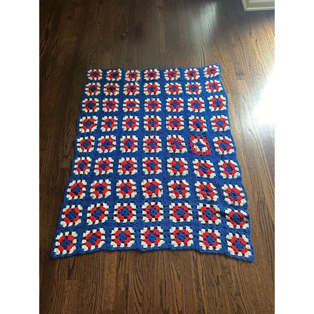 Vintage Hand Crocheted Granny Rectangle Red White & Blue‎ Afghan Blanket 49x36